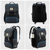 Black and blue backpack shown from multiple angles on a white background